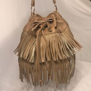Betsey Johnson Brown and Gold Fringe Bucket Bag